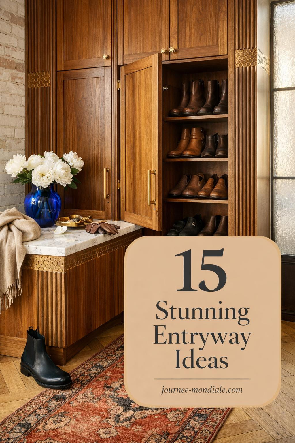 Sophisticated foyer featuring floor-to-ceiling walnut shoe cabinet with brass hardware, Persian runner, marble top with blue Murano vase