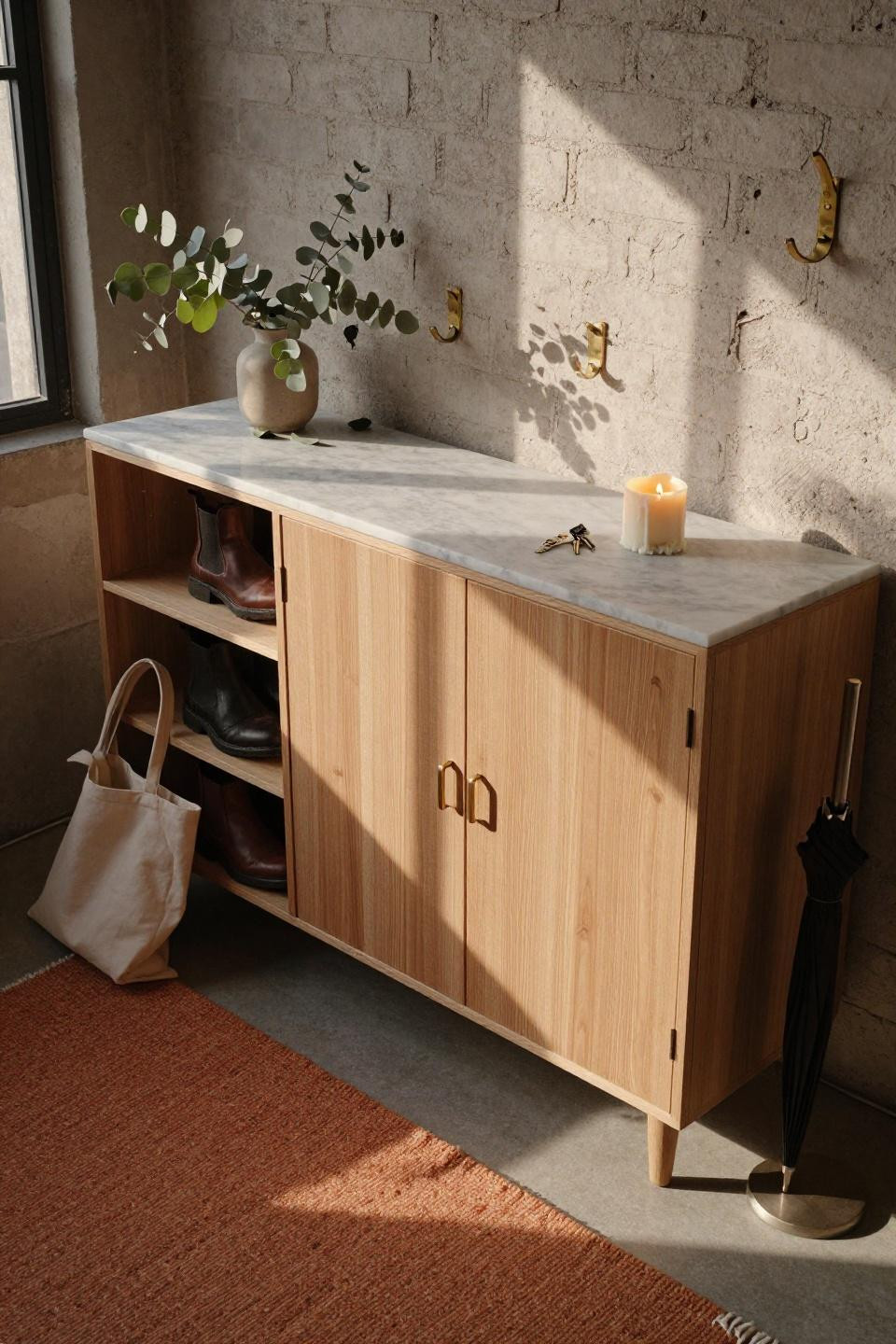 Foyer Shoe Cabinet - white oak cabinet with open cubbies and closed doors