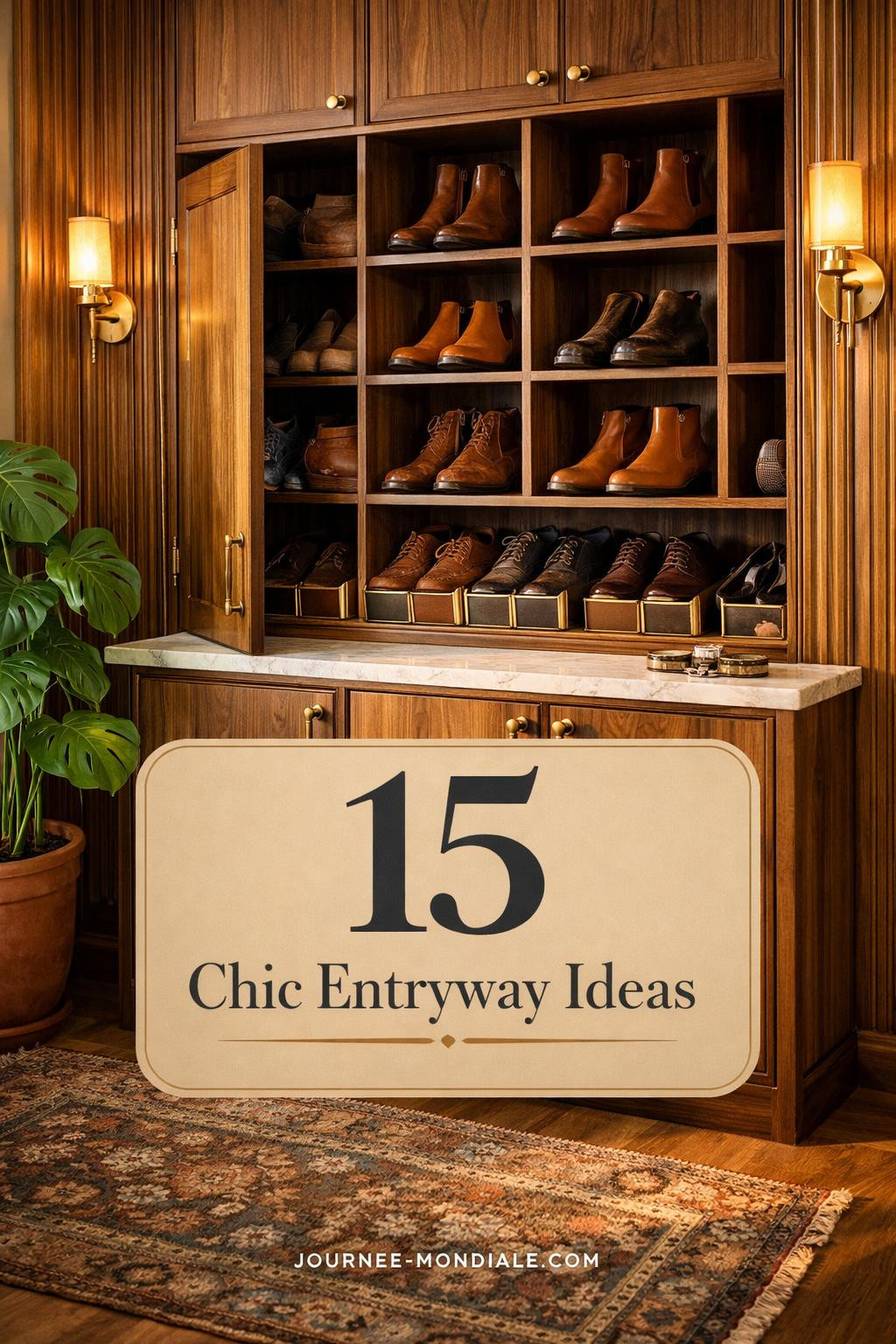 Sophisticated entryway featuring floor-to-ceiling walnut shoe cabinet with geometric shelving, brass hardware, marble top, Persian runner, and monstera plant in warm morning light