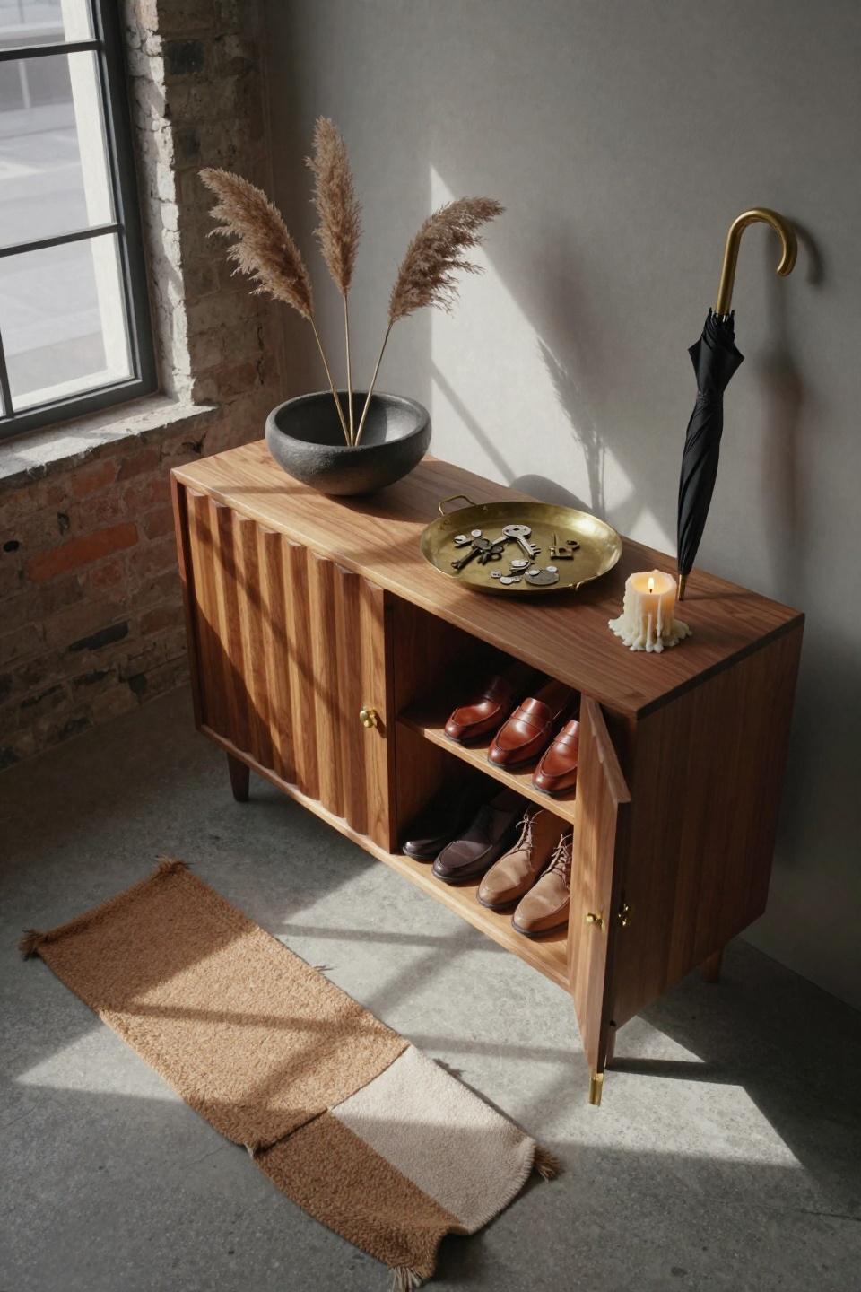 Foyer Shoe Storage - fluted walnut cabinet with brass handles