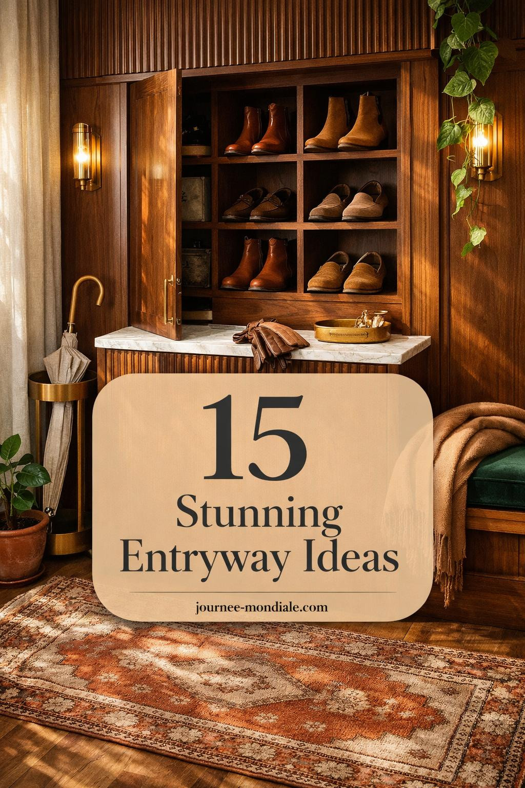 Sophisticated entryway featuring floor-to-ceiling walnut shoe storage cabinet with brass hardware, marble top, Persian runner, and emerald velvet bench