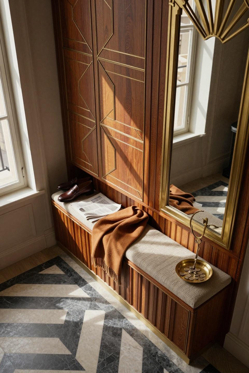 Entrance Shoe Storage - walnut cabinet with honeycomb brass inlay