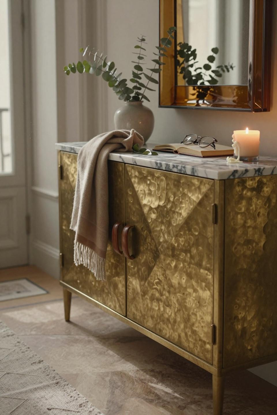 Shoe Cabinet Decor - brass cabinet with Murano mirror and styling details