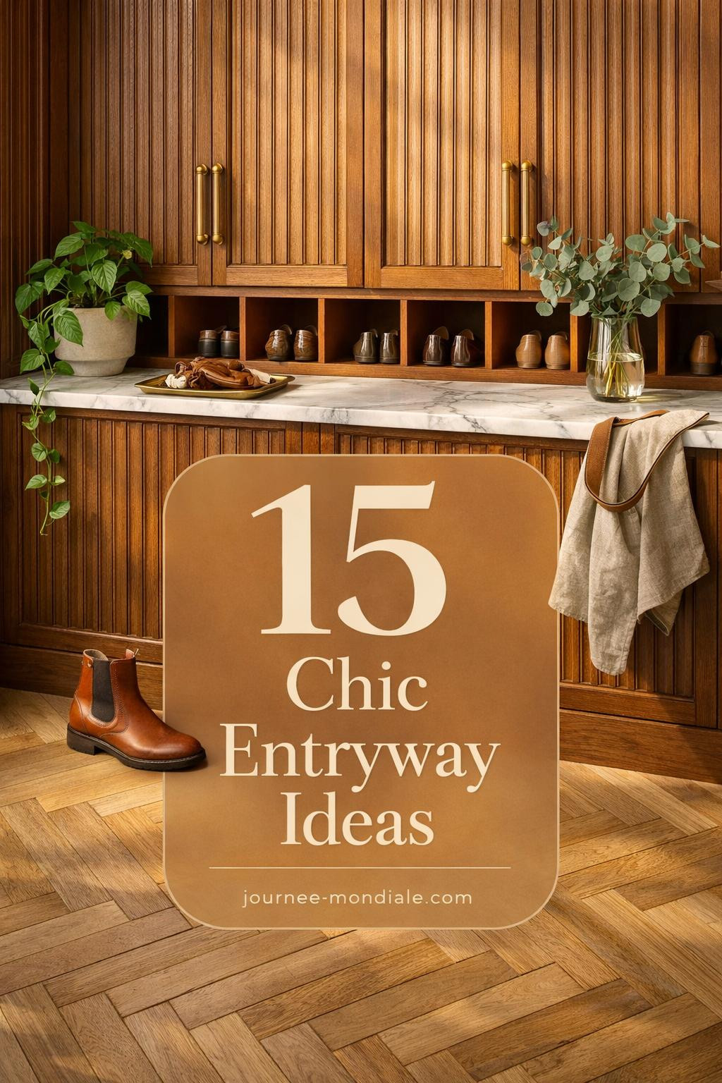 Elegant walnut shoe storage cabinet with fluted panels, brass hardware, Carrara marble top, cognac leather lining, herringbone oak floors, pothos plant, warm morning light