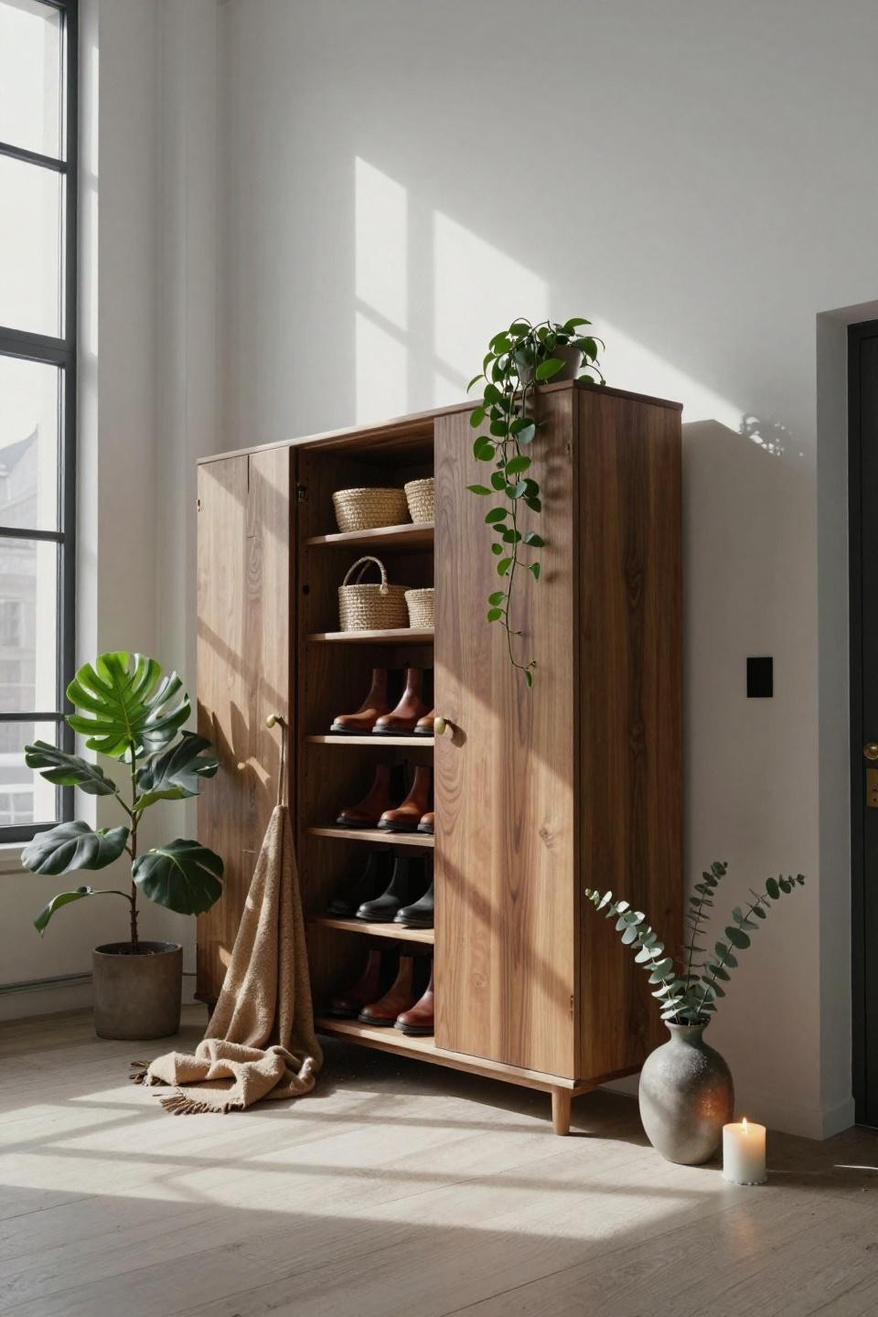Shoe Cabinet Entryway Modern - wide-angle view of walnut cabinet with open shelving