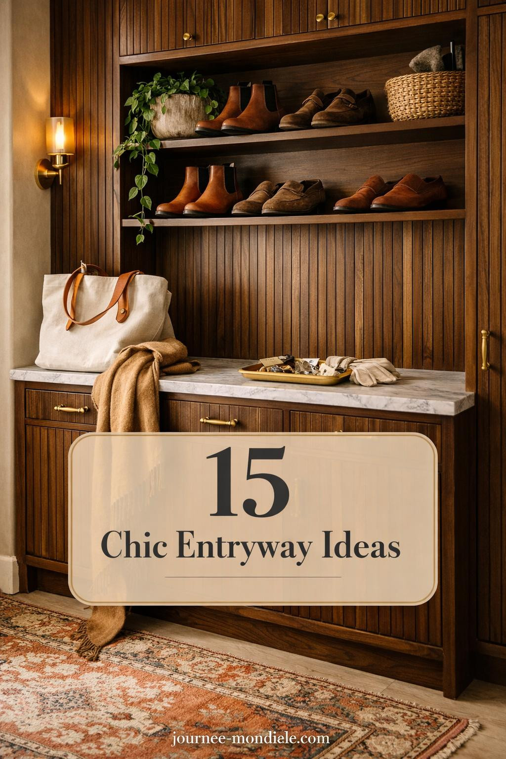 Sophisticated foyer shoe cabinet with fluted walnut millwork, unlacquered brass handles, marble top, Persian runner, displaying leather boots in open cubbies