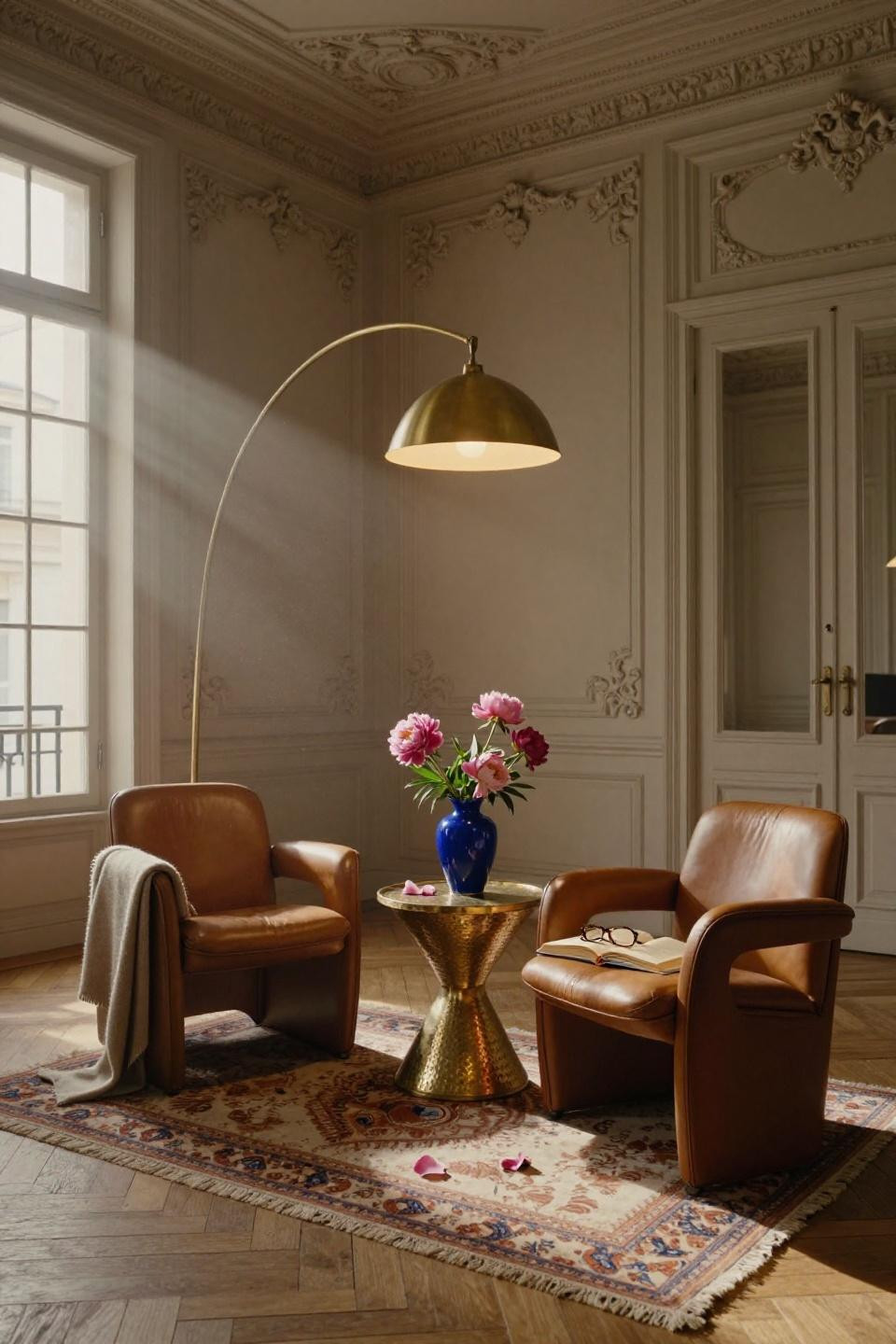 2 Chairs Sitting Area - Haussmann apartment with ornate moldings
