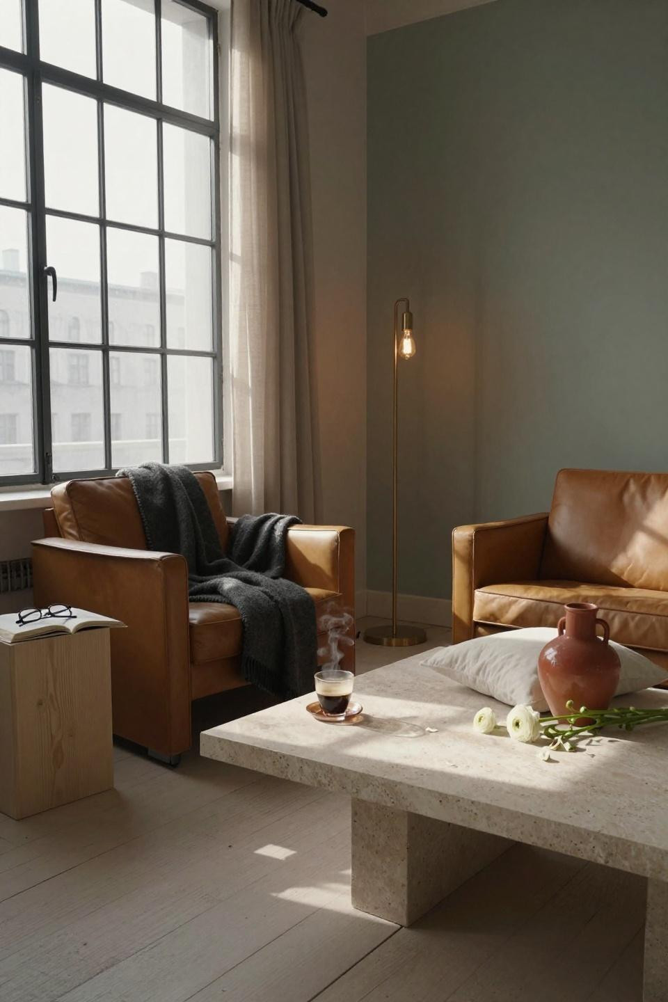 Small Sitting Room Inspiration - sage accent wall with caramel leather