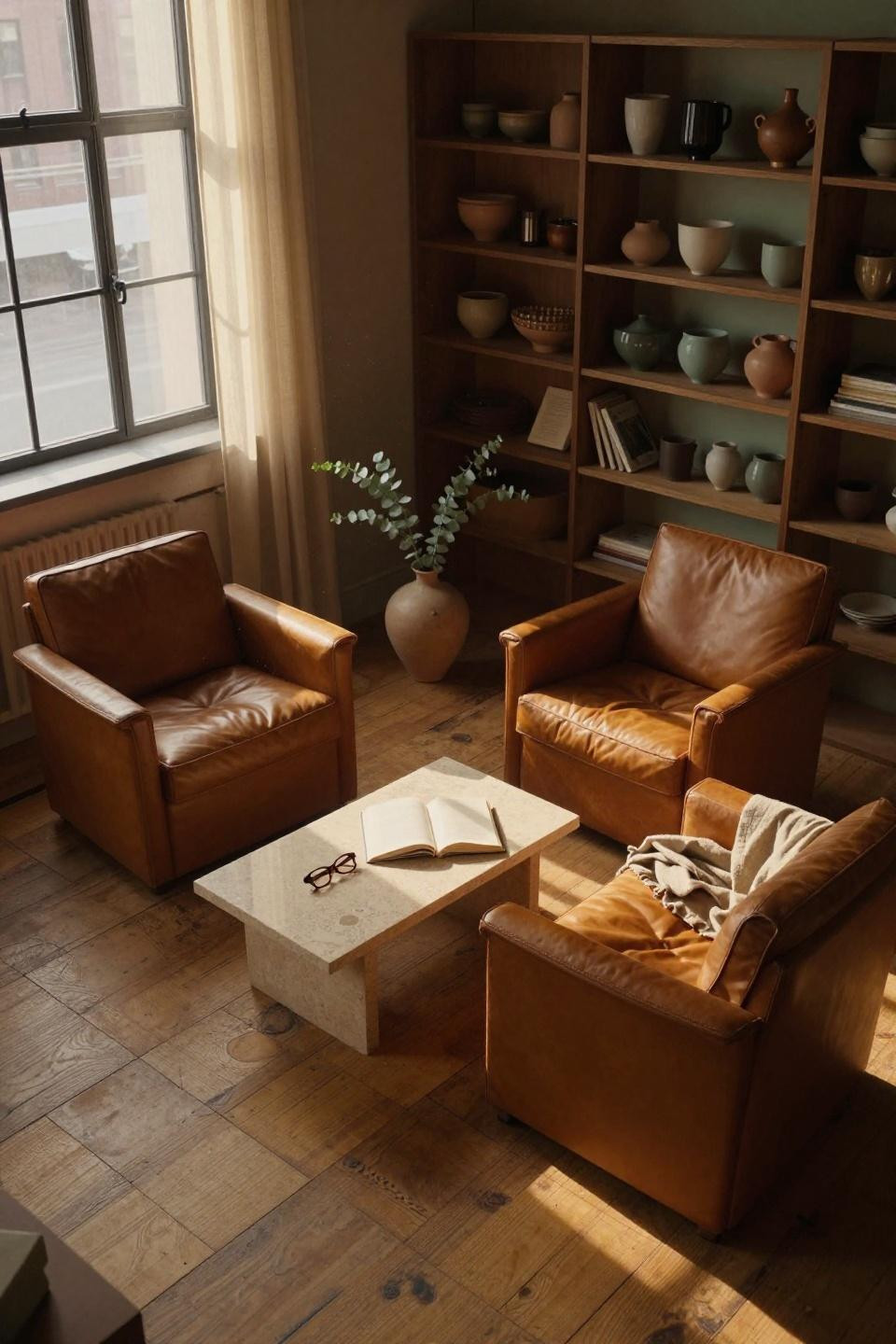 Cosy Living Room Ideas - ochre walls with cognac leather