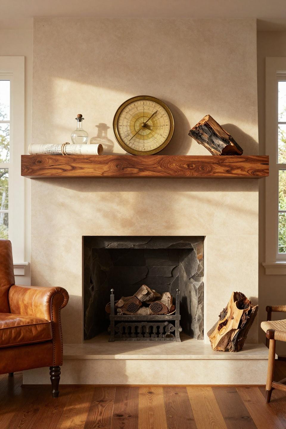Fireplace Mantel Decorating Ideas - charcoal slate surround with mahogany mantle
