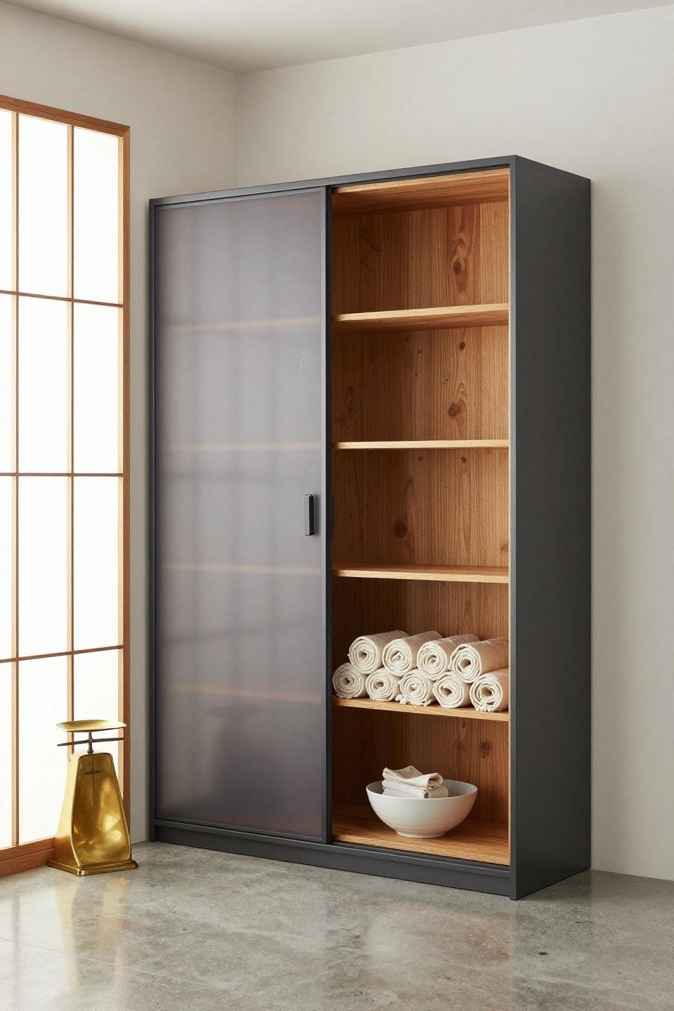 Sliding Wardrobe Internal Design - frosted resin panels with charcoal steel frame
