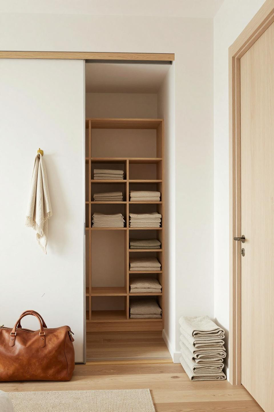 Sliding Wardrobe Ideas - whitewashed oak with linen shelving grid