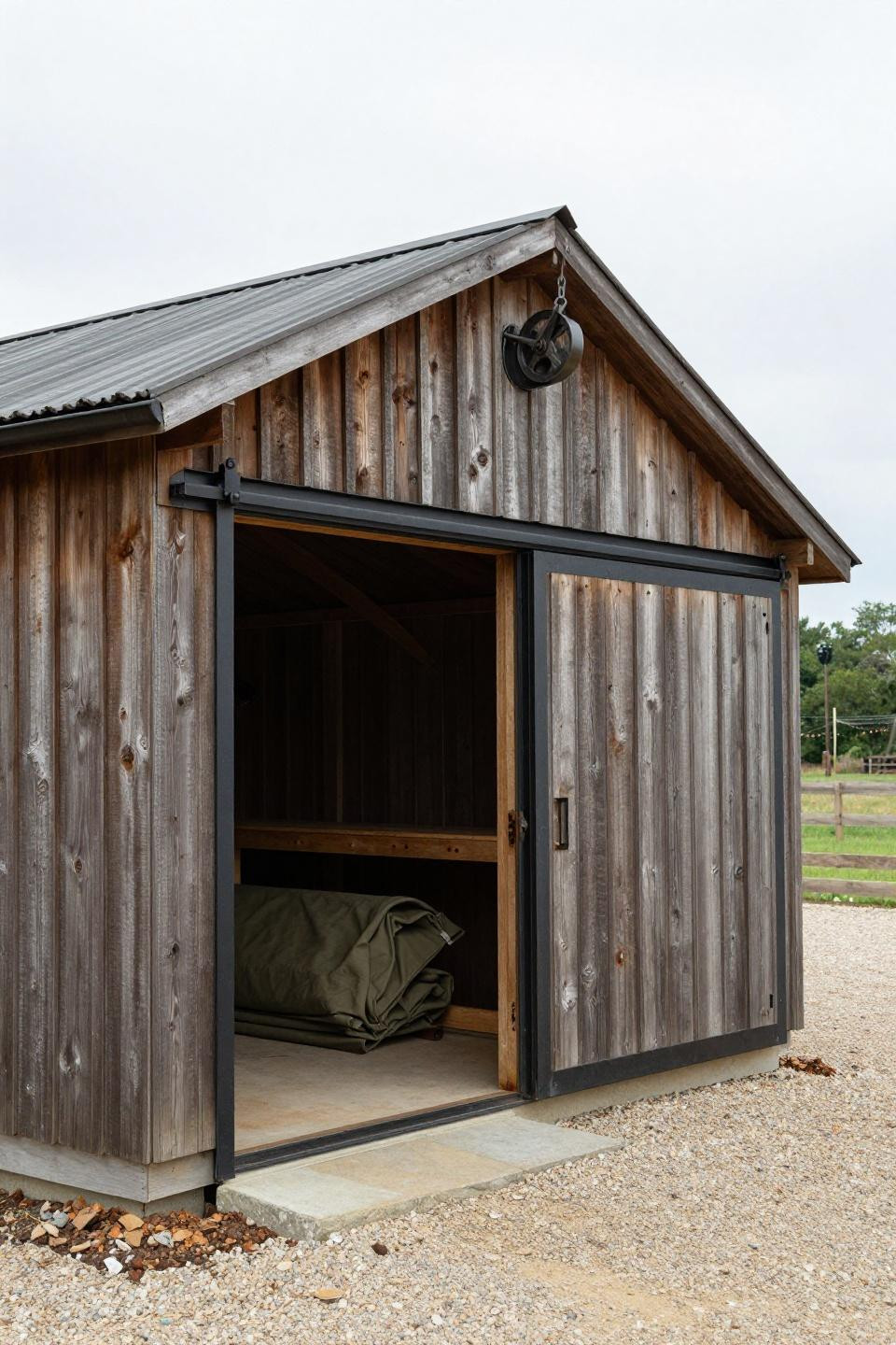 Small pole barn - cedar barn with blackened steel sliding door