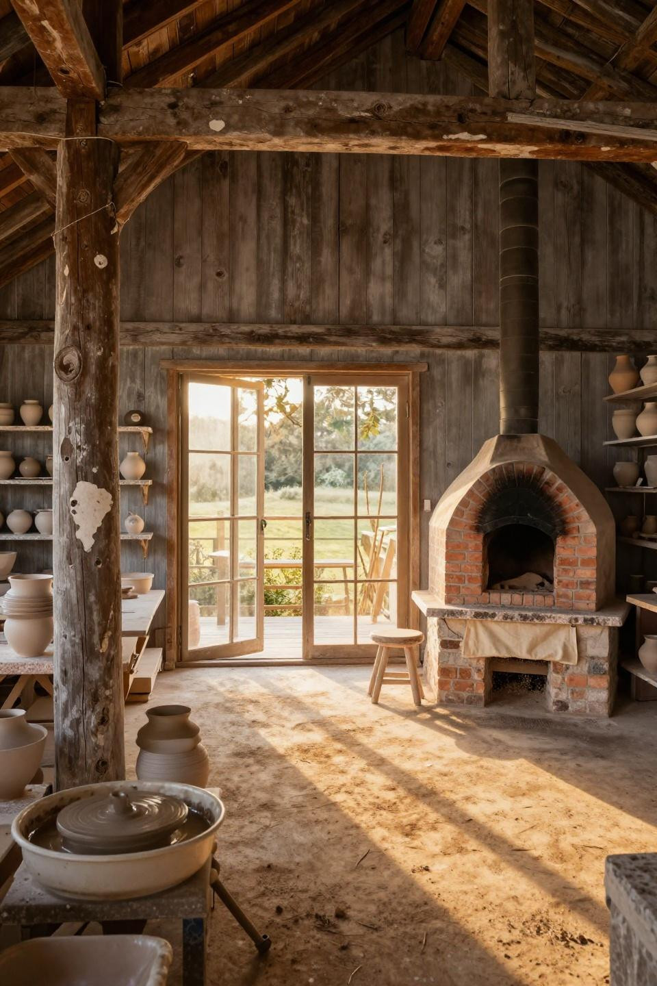 Barn shop ideas - timber frame barn pottery studio with kiln