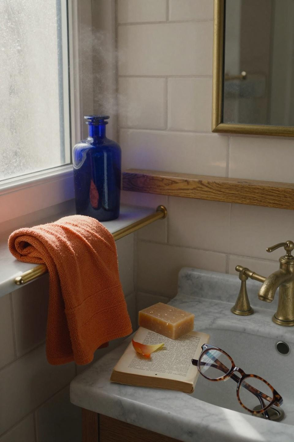 Tiny Bathroom Ideas - brass faucet with persimmon orange linen towel accent