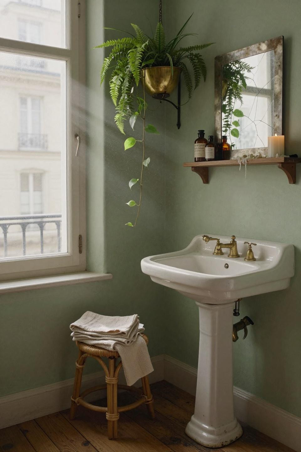 Small Full Bathroom Ideas - vintage pedestal sink in small Parisian bathroom