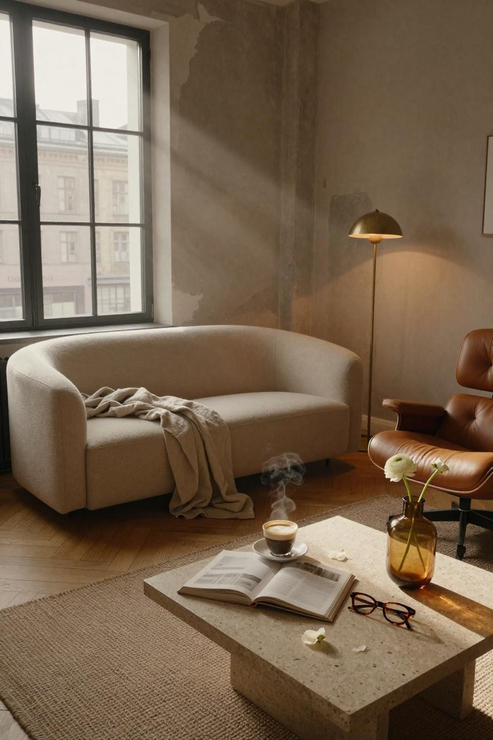 Living room designs small spaces - curved bouclé sofa with travertine coffee table