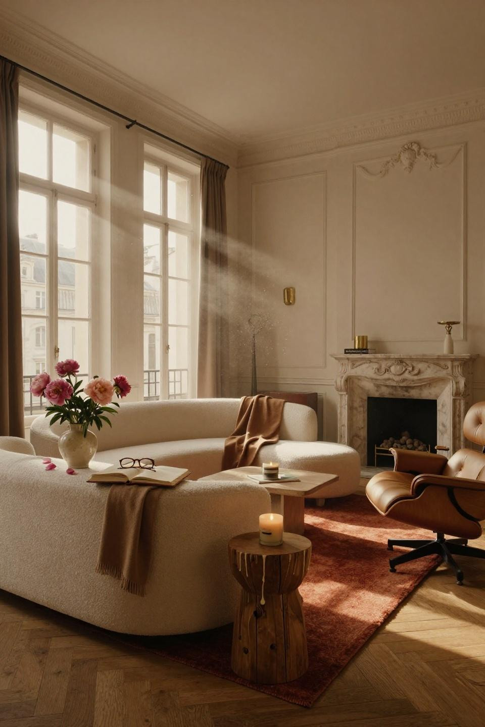 Small square living room layout - curved bouclé sofa facing limestone fireplace