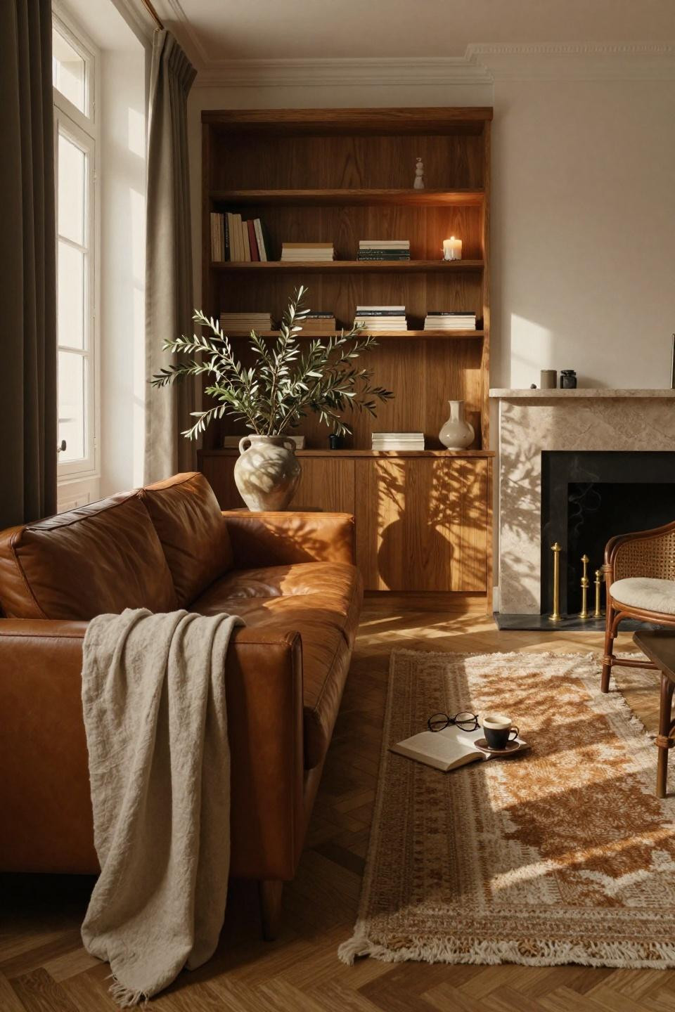 Long rectangle living room layout - cognac sofa along wall with fireplace