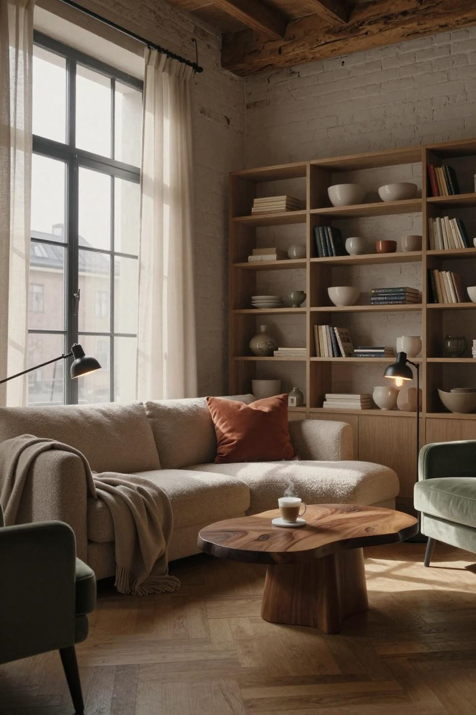 Small living room set up - loveseat with ash shelving