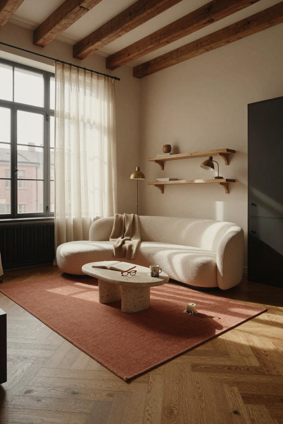 Tiny living room layout - curved bouclé sofa with vertical storage