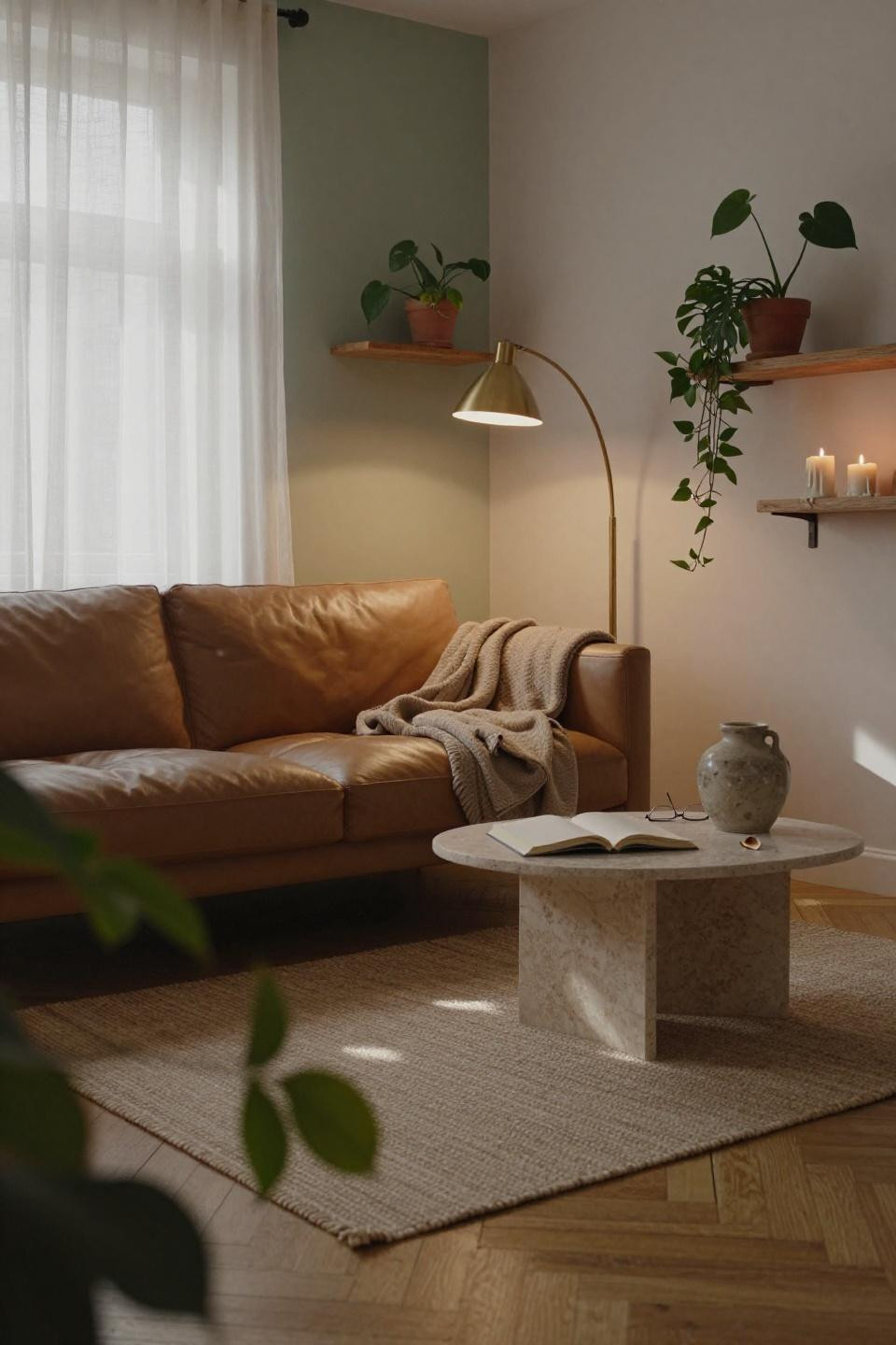 Small narrow living room layout - camel leather sofa with sage accent wall