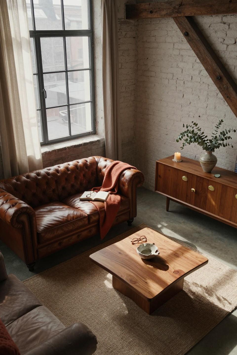 Furniture placement small living room - angled Chesterfield loveseat layout