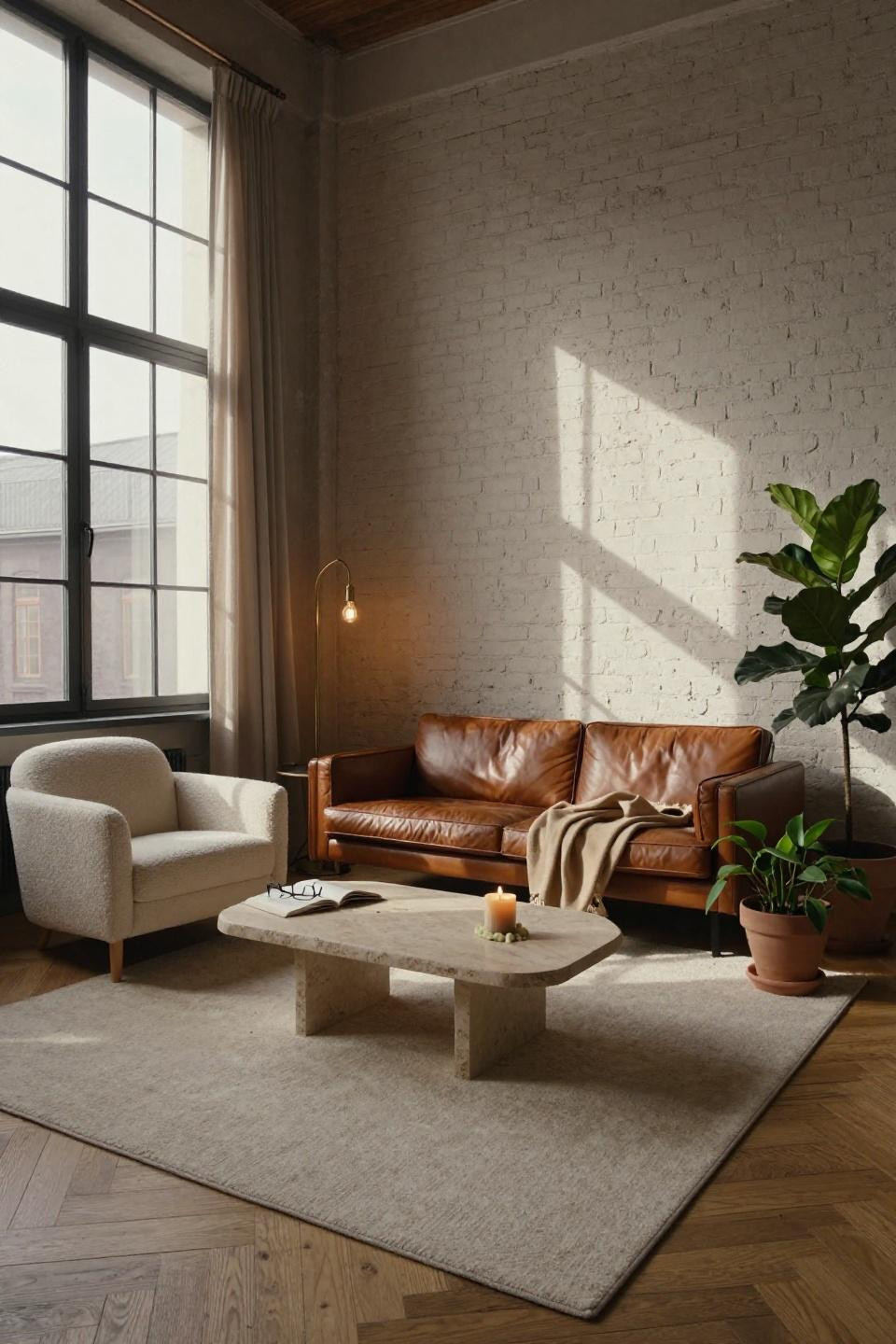 Long rectangle living room layout - cognac sofa with travertine coffee table