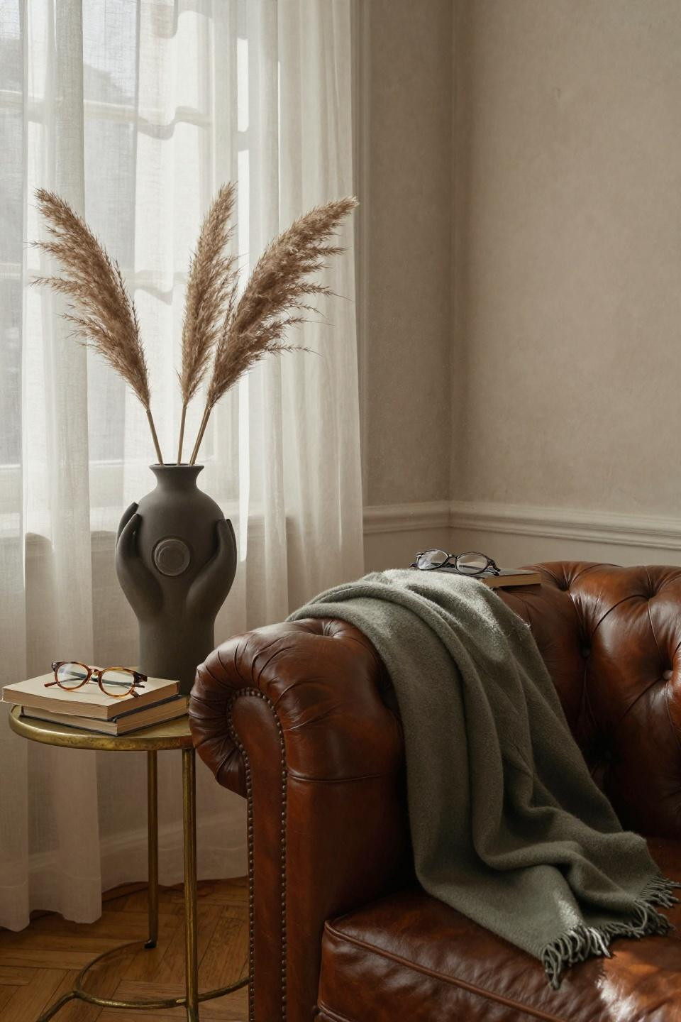 Small space living room ideas layout - Chesterfield loveseat with brass side table