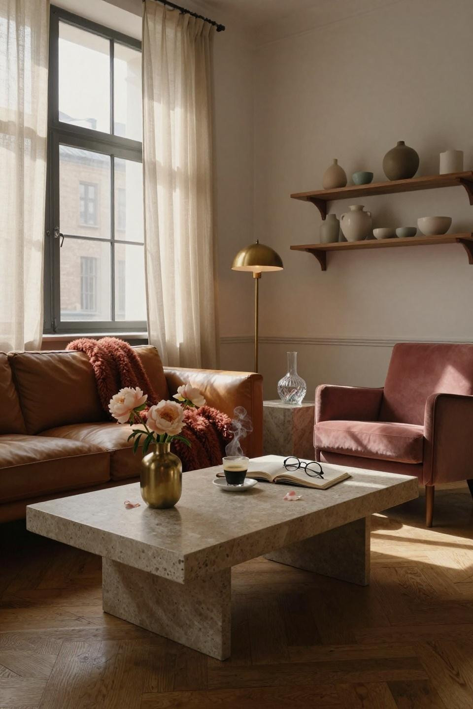 Living room set up ideas layout - cognac leather sofa with travertine fireplace