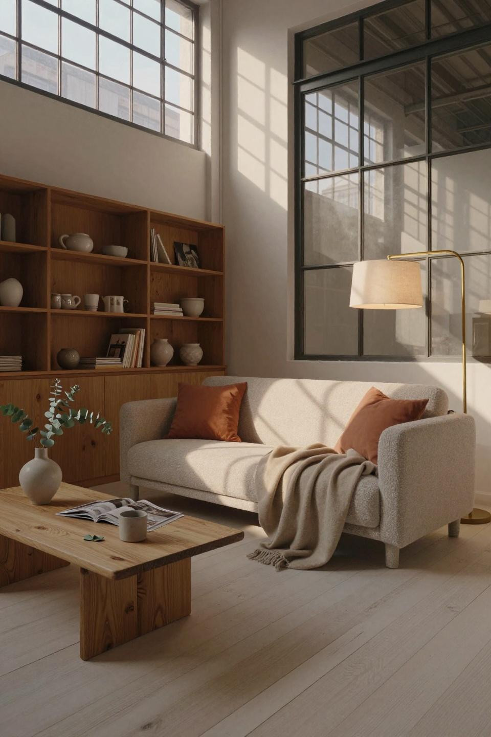 Tiny living room layout - Muuto sofa with walnut coffee table