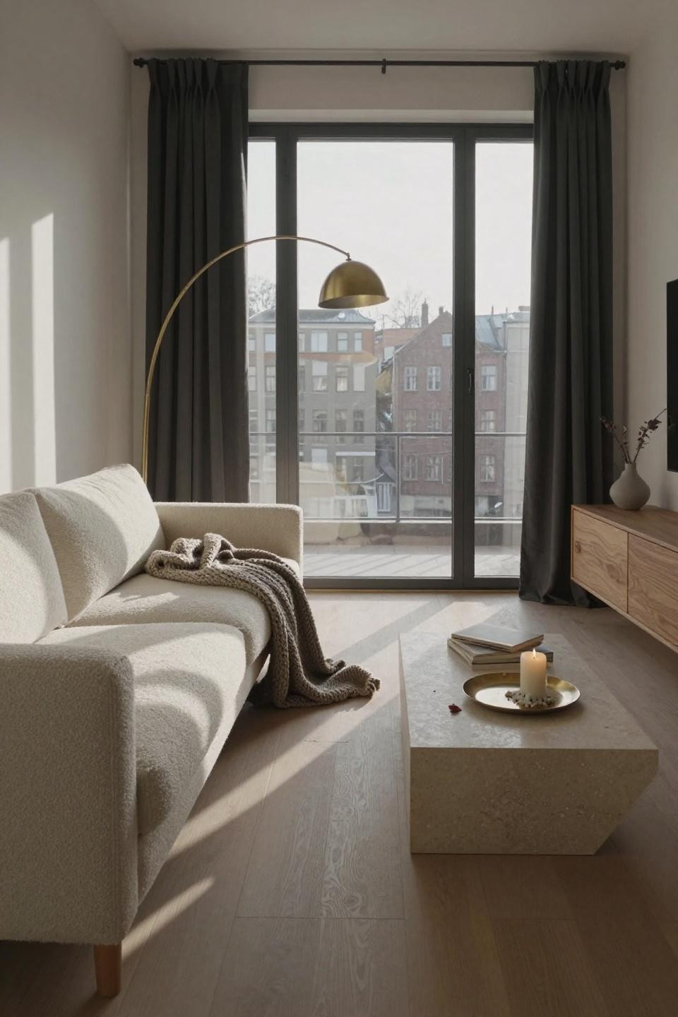 Small narrow living room layout - bouclé sofa with travertine coffee table