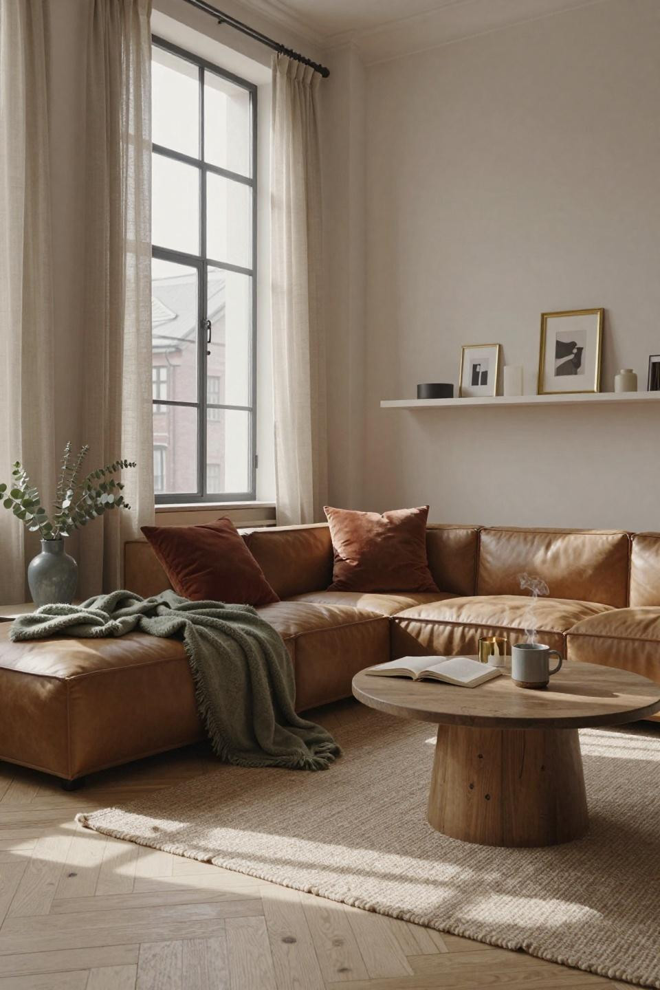 Small family room layout - perpendicular camel sofa with modular design