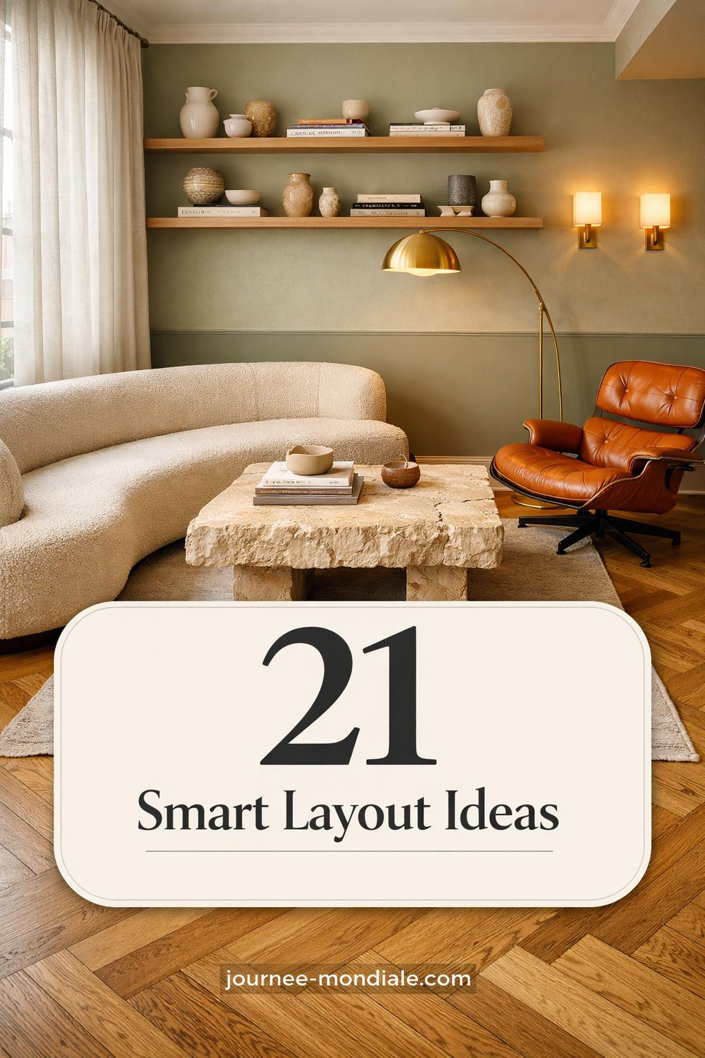 Compact living room featuring curved bouclé sofa, cognac Eames chair, travertine coffee table on herringbone floors with sage walls