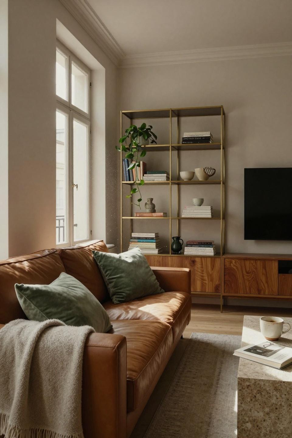 Small space living room ideas layout - floating walnut console with brass shelving