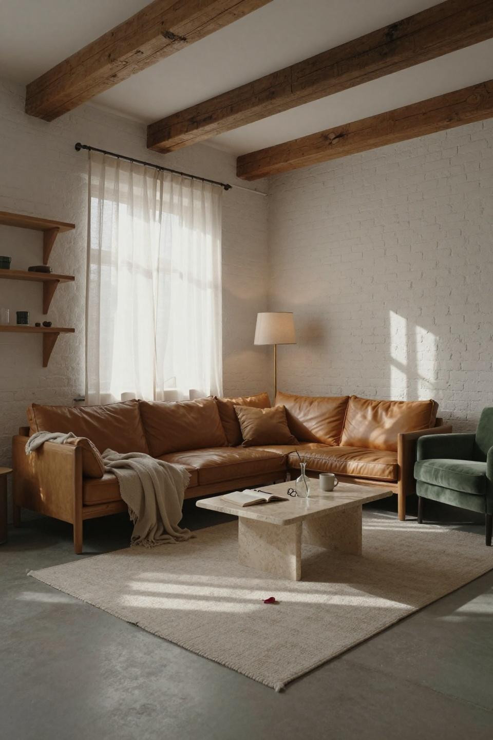 Small square living room layout - honey oak platform sofa with travertine coffee table