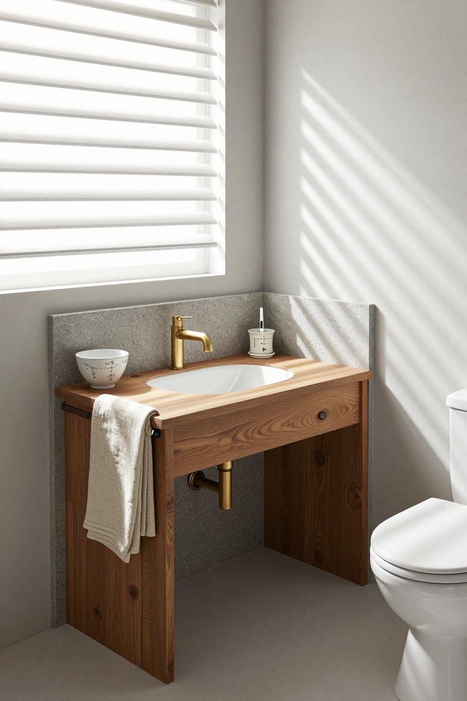 Master Bath Ideas - teak vanity carved into charcoal stone niche