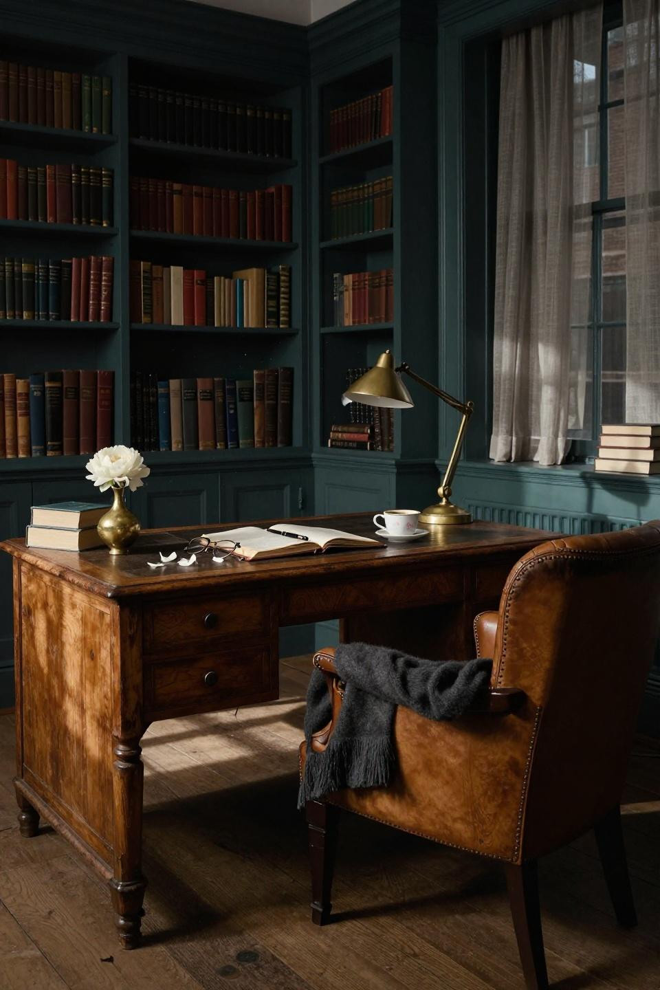 Dark Academia Aesthetic Office - moody blue-green walls with walnut desk and brass accents