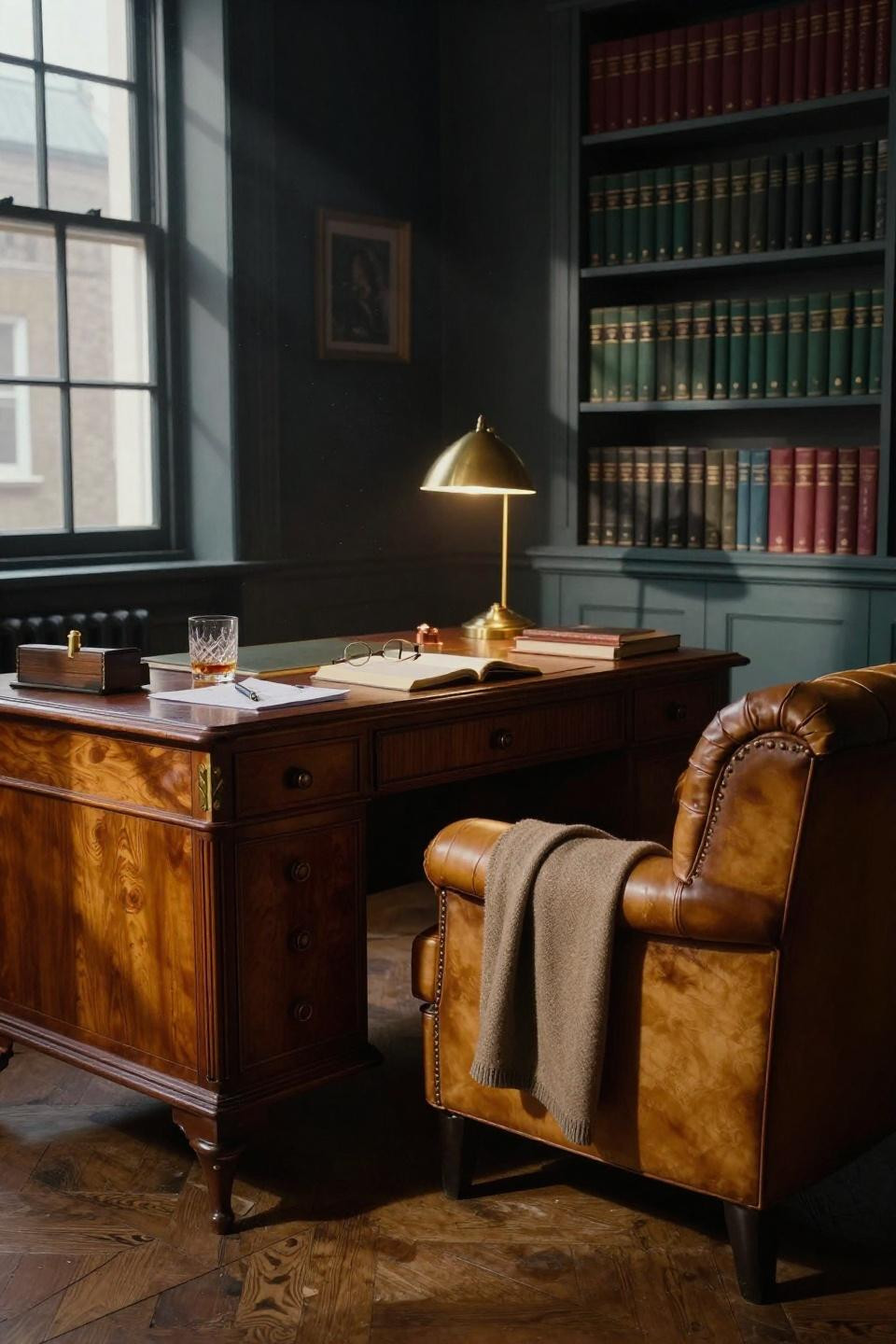 Moody Office Inspiration - walnut desk with half-drunk whiskey and brass lamp