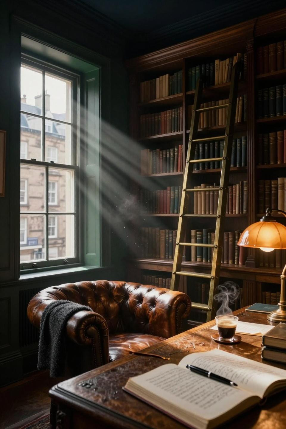 Dark Office Room - walnut paneling with emerald walls and brass accents