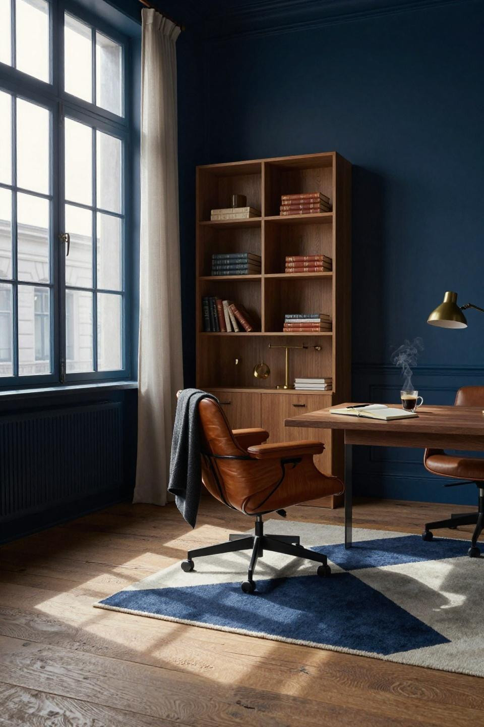 Moody Blue Office - navy walls with floating walnut desk