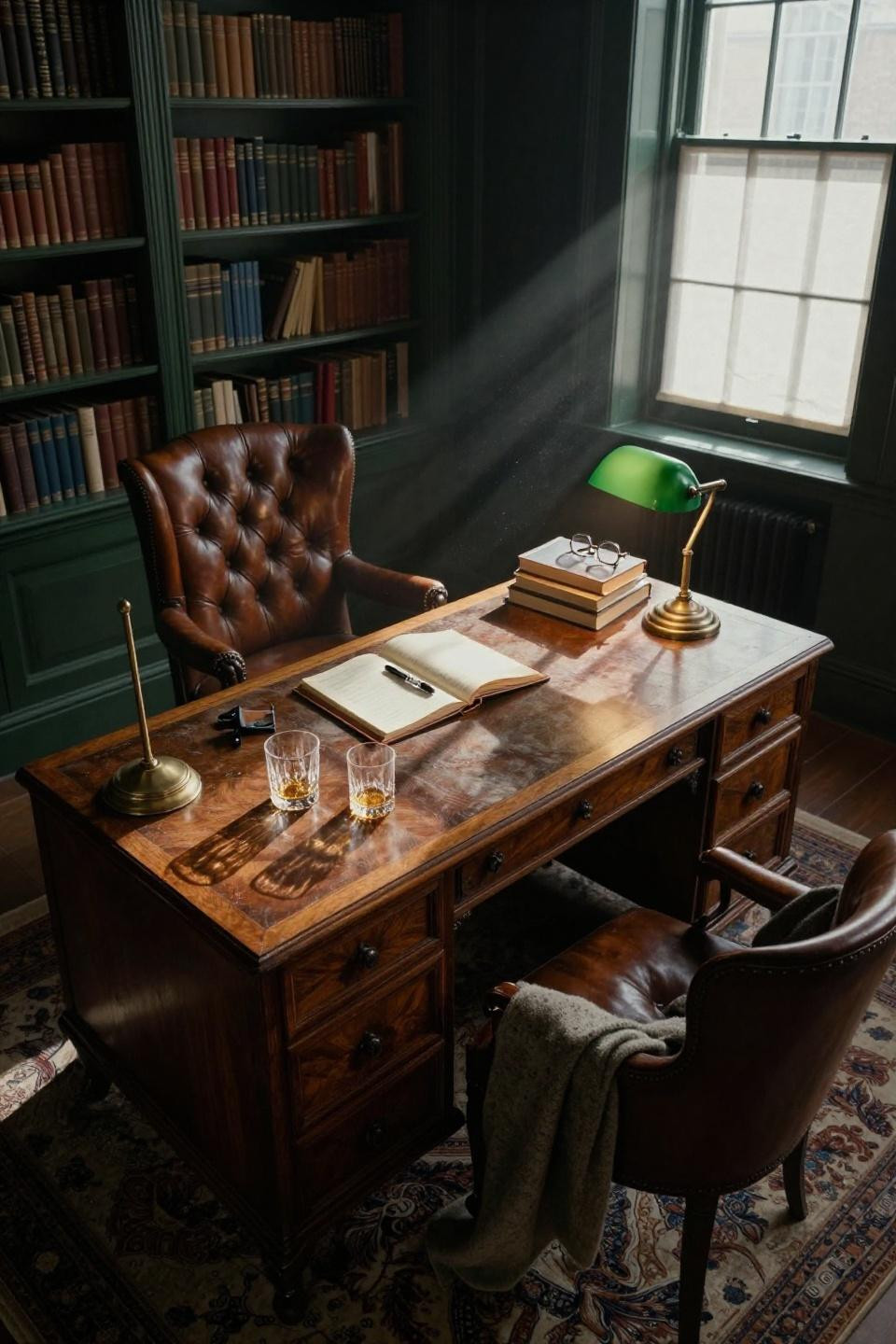 Dark And Moody Office - overhead view of walnut desk with brass lamp