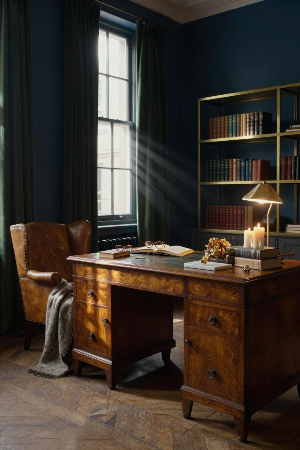 Moody Office Space - deep blue walls with walnut desk and velvet curtains