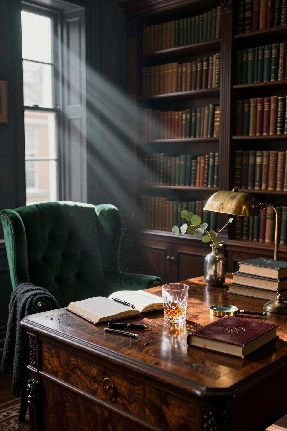 Dark Academia Aesthetic Office - Victorian study with forest green velvet