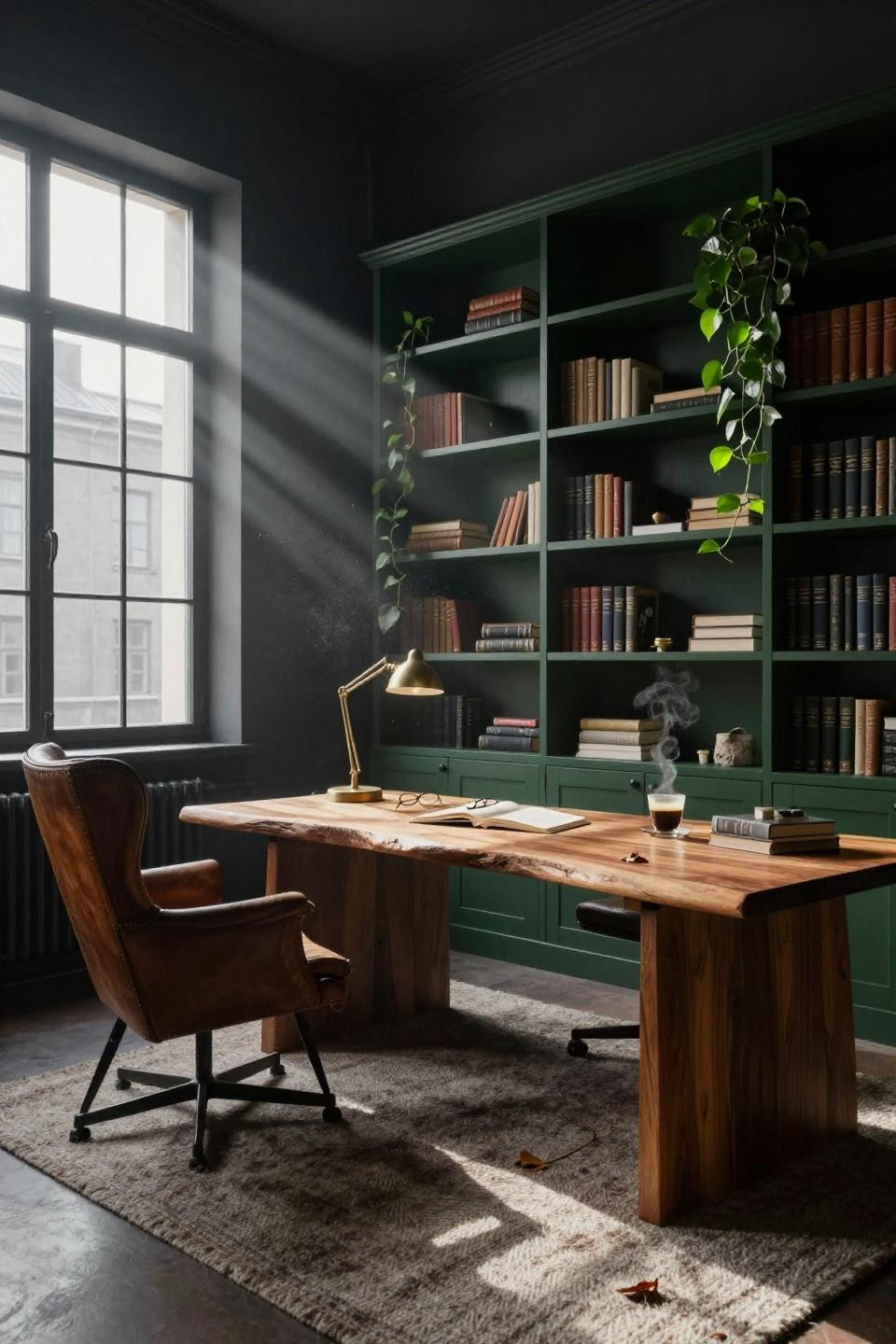 Dark Office Room - forest green built-ins with walnut desk
