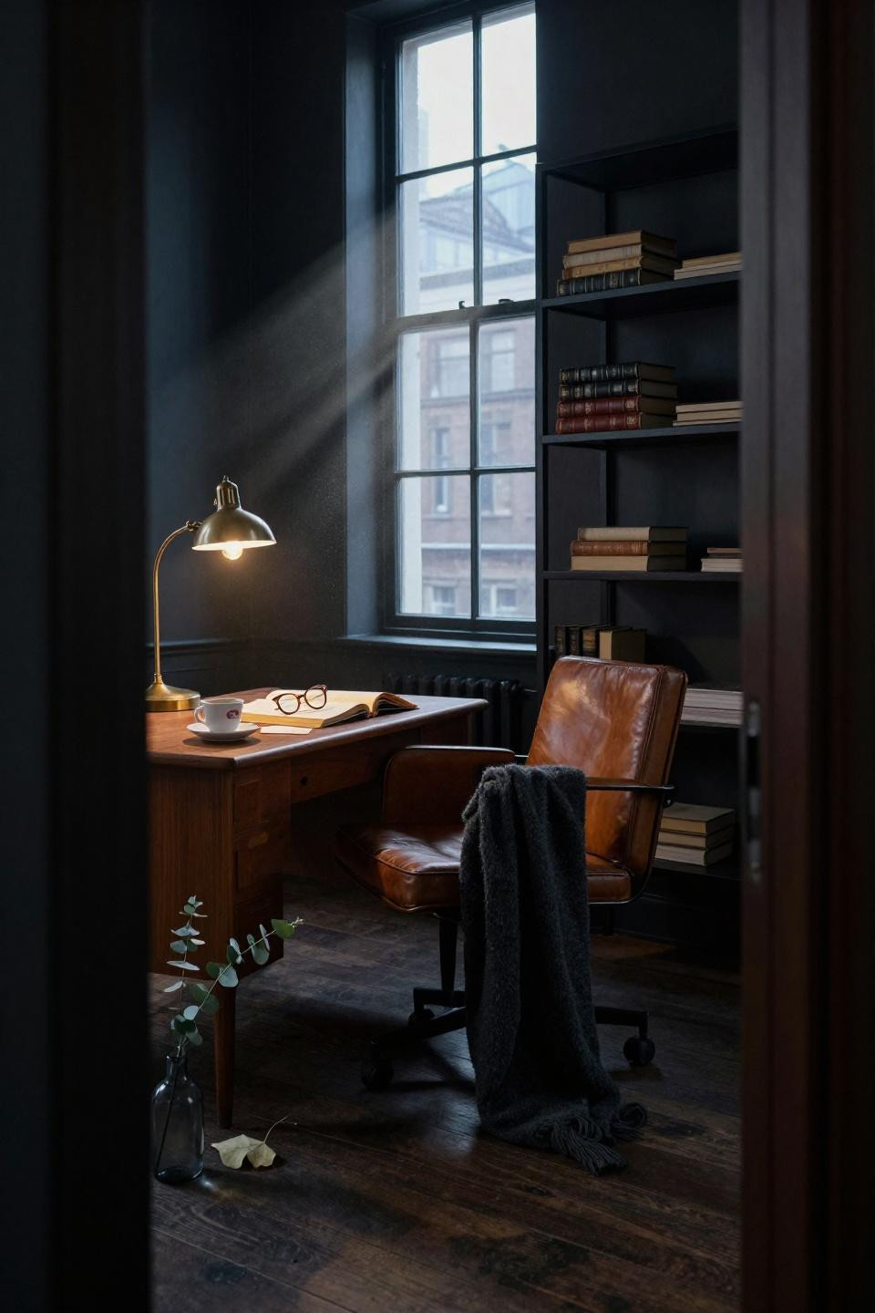 Moody Study Room - Copenhagen warehouse with walnut desk and charcoal walls