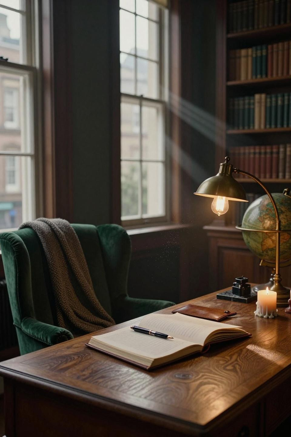 Moody Study Room - corner layout with walnut desk and forest green chair
