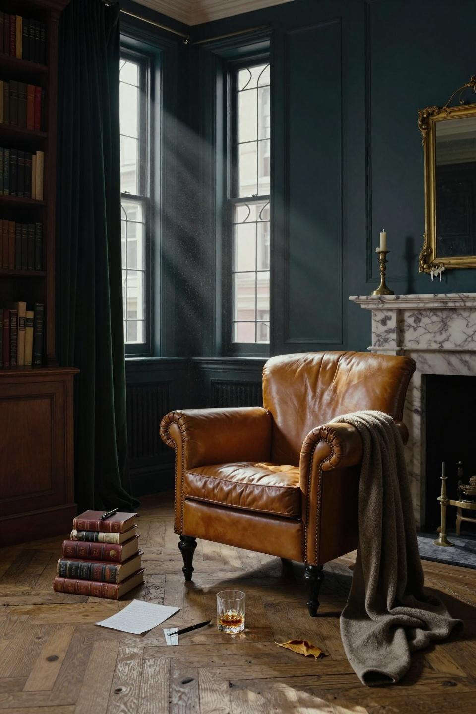 Moody Green Office - marble fireplace with walnut desk and navy walls