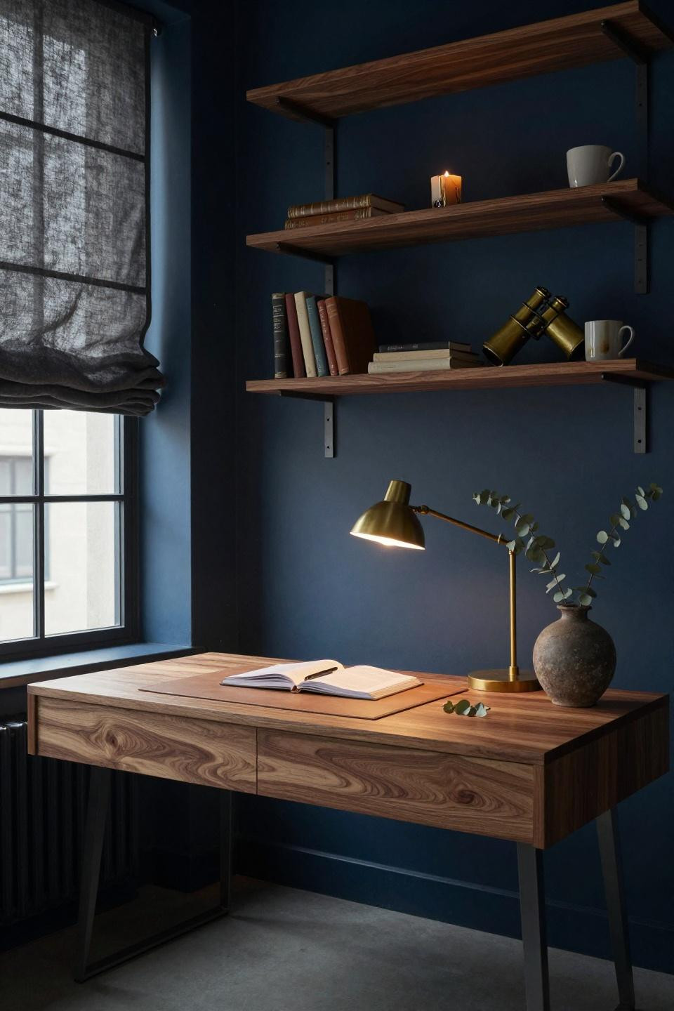 Dark And Moody Office - Prussian blue walls with walnut shelving
