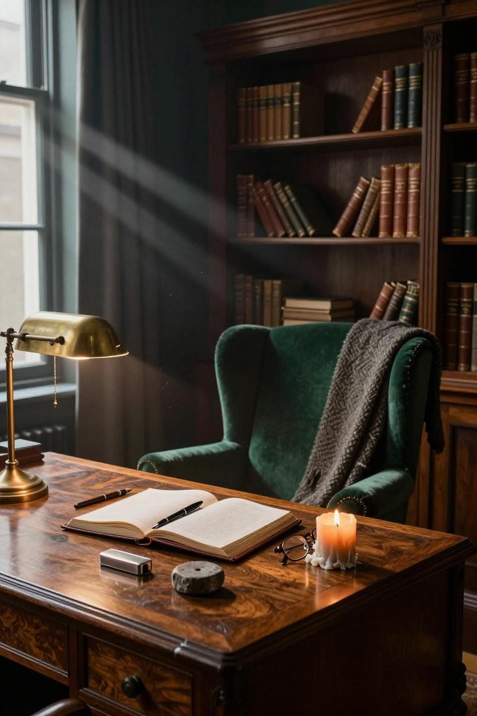 Dark Office Aesthetic - closeup of mahogany desk with brass lamp and green velvet